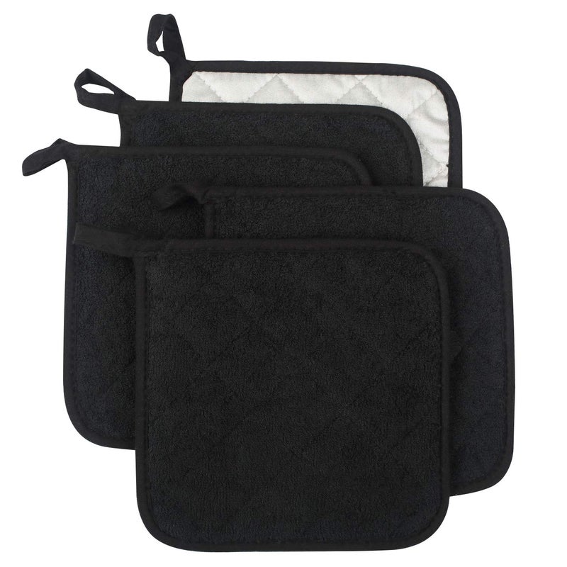 lifaith 100% Cotton Kitchen Everyday Basic Terry Pot Holder Heat Resistant Coaster Potholder for Cooking and Baking Set of 5 Black - Image 1